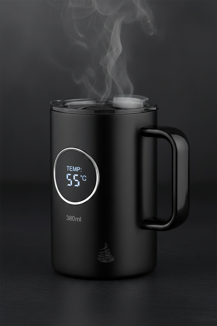 Black self stirring coffee mug with temperature display and lid